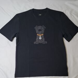 Fendi Black Tee with Dog Motif and Gold Collar Detail